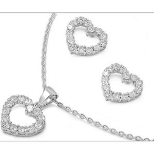 Sterling Silver CZ Heart Earrings and Necklace Set